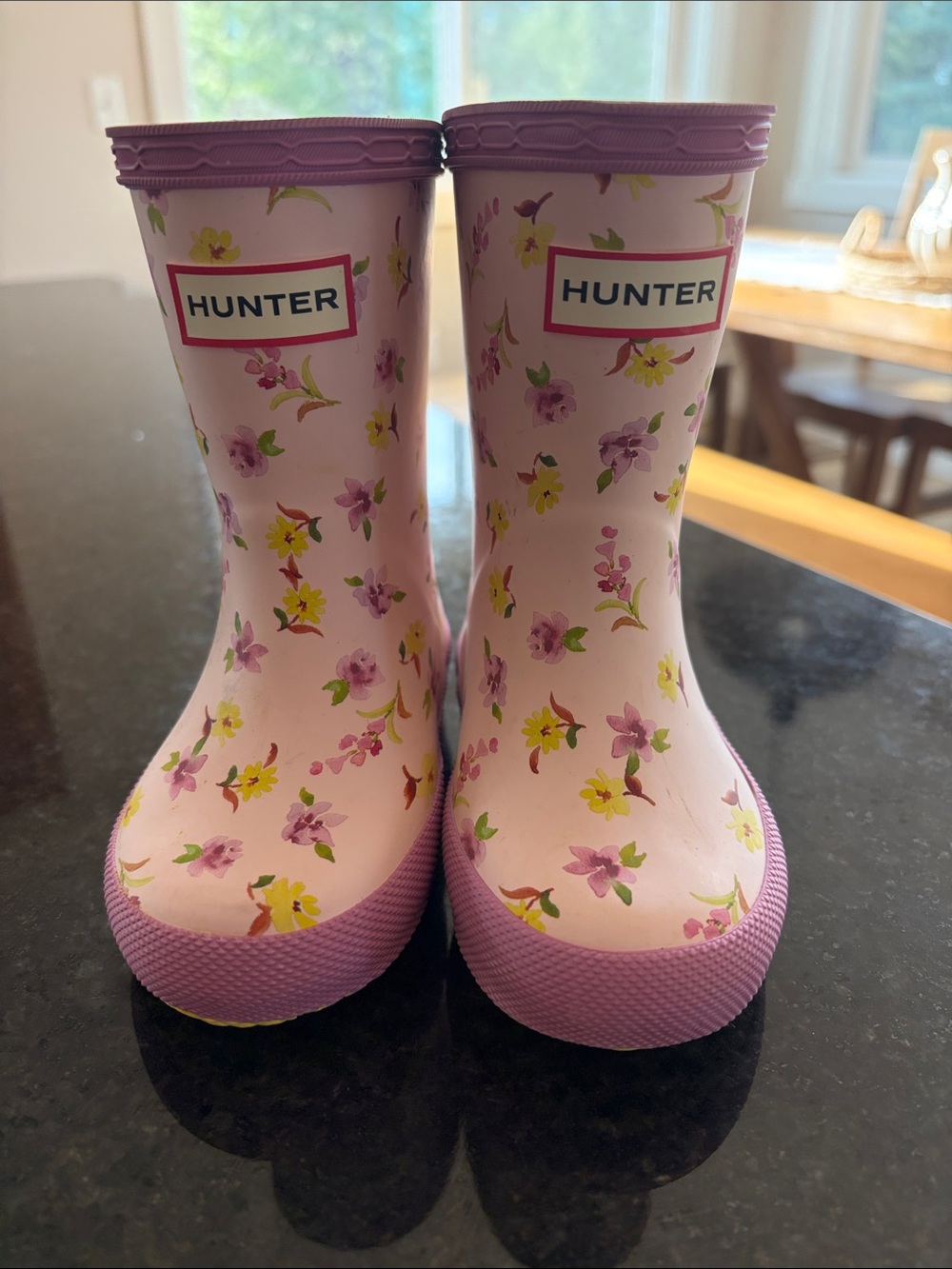 Hunter Kids Light Pink Floral Rain Boots with Purple Trim